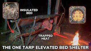 Solo Overnight Building a One Tarp Elevated Bed and Insulated Shelter in the Mud and Kielbasa