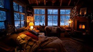 Snowstorm Bliss and Captivating Winter Cabin View: Cozy Bed, Crackling Fire & Wind Sounds