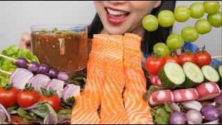 GIANT SALMON SASHIMI + FRESH VEGGIE PLATTER (ASMR EATING SOUNDS) NO TALKING | SAS-ASMR