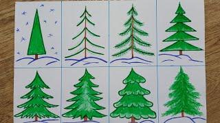 ЁЛКА. Как нарисовать ёлку карандашами для детей. (8 вариантов) Tree Рисуем вместе