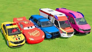 DACIA, CHEVROLET, VOLKSWAGEN POLICE CARS & MERCEDES AMBULANCE CAR TRANSPORTING WITH TRUCKS ! FS22