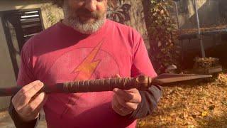 Making a medieval spear from a cast iron flag pole finial and testing it on a jack-o'-lantern