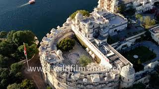 Udaipur City Palace day time aerial view of one of India's finest erstwhile royal Rajasthan palaces