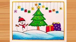 Christmas Drawing | Christmas Tree Drawing| Merry Christmas Drawing| Christmas scenery Drawing