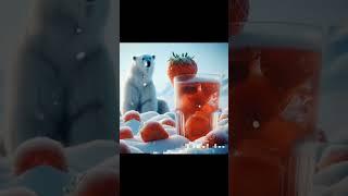 Realistic image of a cold glass of strawberry chilling in pile of snow polar bears in the background