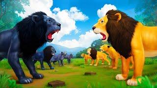 Lazy Lion Turns Strong: Black vs Yellow Lion Family Battle | Animal Kingdom Fights Cartoons 2024