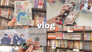 vlog  manga shopping & haul, jujutsu kaisen x kura sushi merch unboxing, jjk anime shirts at uniqlo