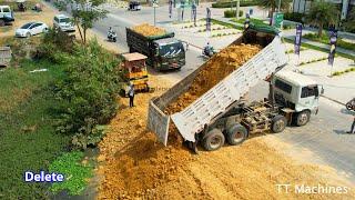 Perfectly Open New Project Filling Land Into Deep Water By Dump Trucks 12,6Wheels & Dozer Push Stone