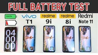 VIVO T1 5G vs Redmi Note 11 vs Realme 9i vs Realme 8i Battery Drain Test and Heating Test.