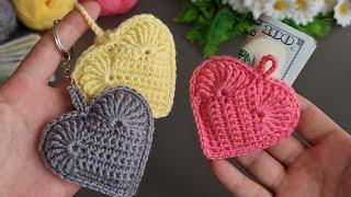 I made a great number of them and sold them all. Crochet heart wallet keychain making. Worderful