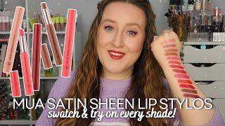 MUA SATIN SHEEN LIP STYLOS! Swatch & Try On *EVERY SHADE* Lipstick Swatches For All 13 Colours