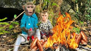 Baby Monkey Bim Bim and Obi grill delicious sausages