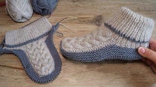 Бесшовные следки спицами с королевской косой  Homemade knitted slippers 