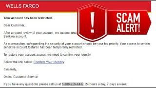 Suspicious Bank Email RESTORE ACCOUNT ACCESS Confirm Identity Wells Fargo Chase of America Real Fake