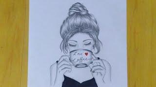 How to draw a cute girl drinking coffee ||girl drawing || girl with coffee mug ||pencil sketch| art