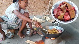 how to cook Indian poor Grandma PORK MEAT CURRY and eat||actual life India..