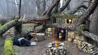 Building a Secret Dugout UNDER a Fallen TREE; 3 Days SOLO SURVIVAL CAMPING In RAIN. Bushcraft Cabin