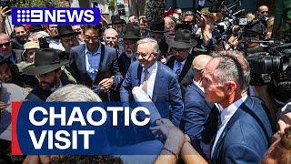 Prime Minster Albanese in chaotic visit to synagogue after terror attack | 9 News Australia