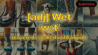 [adj] Wet meaning (covered, soaked with liquid) with 5 examples