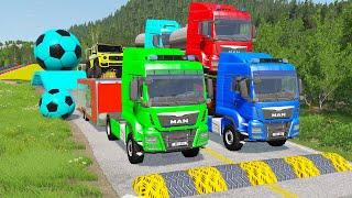 Double Flatbed Trailer Truck vs Speedbumps Train vs Cars | Tractor vs Train Beamng.Drive 058