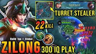 SAVAGE + 22 Kills!! Zilong 300 IQ Play, Perfect Turret Stealer!! - Build Top 1 Global Zilong ~ MLBB