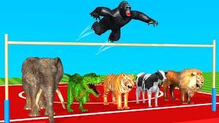 Cow Elephant Lion Tiger T-Rex Gorilla Wild Animals High Jump Challenge | Animals Speed Race