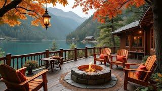 Autumn Lakeside Cabin Deck: Relaxing Fire Pit and Nature Sounds for Peaceful Ambiance, Relaxing