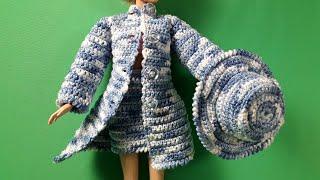 Межсезонье. Пальто, шляпка и юбка для барби. Рукав-реглан. Crochet Barbie