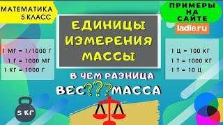 Единицы измерения массы. Как грамм перевести в килограмм. Масса, вес, их разница. Математика 5 класс