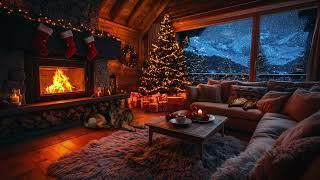 Christmas Winter Cabin with Fireplace and Falling Snow | Relaxing Winter Ambiance