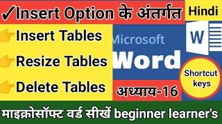 Ms Word मे सीखे Insert option मे insert tables,resize tables,delete tables option का Use करना
