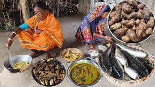 FISH CURRY with KOCHU cooking &eating by our tribe couple||rural life India