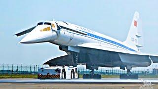 Supersonic Tu-144 outside and inside. Extends the front wings and lowers the nose.