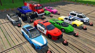 TRANSPORTING POLICE CARS, CAR GAME, MONSTER TRUCK, AMBULANCE, CARS OF COLORS! WITH TRUCKS! - FS 22.