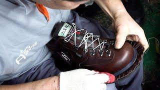 Процесс изготовления походных ботинок ручной работы на старейшей обувной фабрике Кореи.