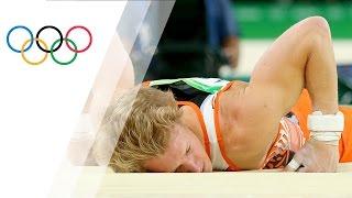 Defending champ slips from horizontal bar