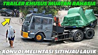 GEMPAR !!! Trailer KHUSUS Bermuatan Rahasia & Tertutup Melintas Truk Brimob Konvoi Di Sitinjau Lauik