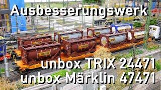 Ausbesserungswerk HO unbox Märklin 47471 und Trix 24471 Doppel-Taschenwagen WASCOSA  Bertschi Contai