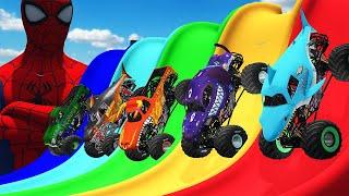 5 MONSTER TRUCK VS COLOR WATER SLIDE STORY