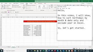 Sort birthdays by month & date only (excluding year) in Excel