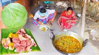 Cabbage Chicken Liver Curry cooking and eating by santali tribe old couple