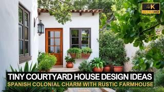 Tiny Courtyard House Design: Spanish Colonial Charm with Rustic Farmhouse and Antique Decor