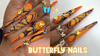 ORANGE BUTTERFLY STILETTO NAILS | FULL ACRYLIC NAIL TUTORIAL