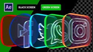 SOCIAL MEDIA ICONS 3D ANIMATED GLOWING GLASS VERSION BLACK SCREEN GREEN SCREEN