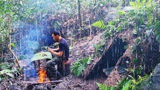 2 Days SOLO SURVIVAL CAMPING by the Stream - HEAVY RAIN - CATCH AND COOK| BUSHCRAFT SURVIVAL SHELTER