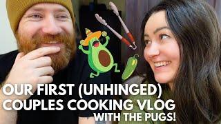 our first couples cooking VLOG | Cooking CLEAN fajitas with our senior pugs in our SHACK KITCHENETTE