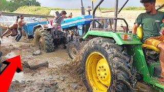 powertrac tractor stuck in river rescued by john deere and mahindra tractor