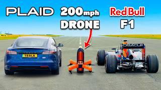 Tesla S Plaid v 200mph F1 Drone: DRAG RACE