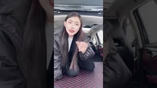 Chinese girl show her black nylon feet in car part 2