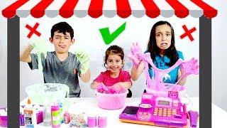 DESAFIO DA LOJA MALUCA DE SLIME!  Comprinhas e Diversão Brincando com meus Primos